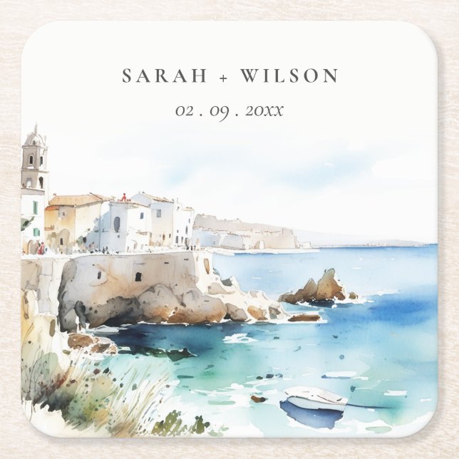 Puglia, Italy Watercolor Landscape Wedding Square Paper Coaster (Front)