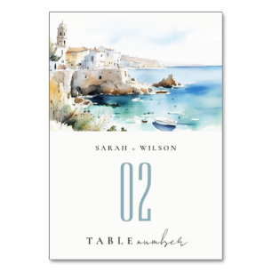 Puglia, Italy Watercolor Landscape Wedding Table Number