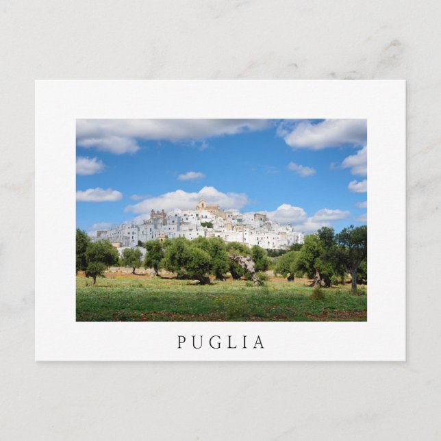 Puglia town with olive trees white postcard (Front)