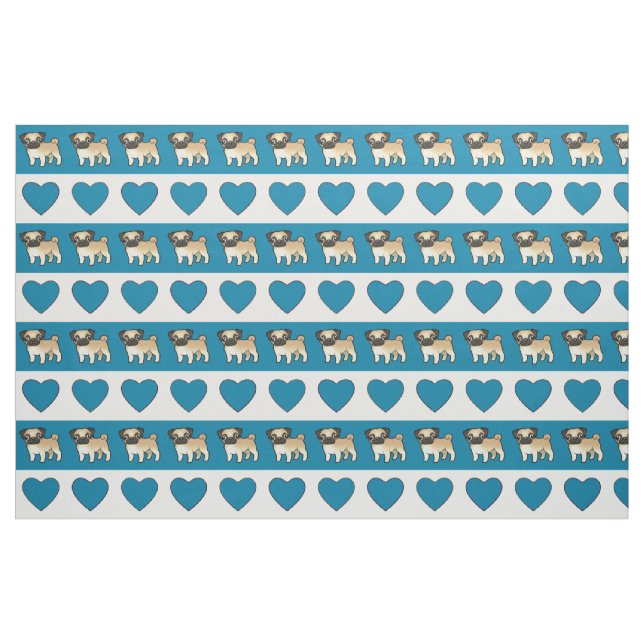 Pugs and Hearts - Blue Fabric (Fat Quarter)