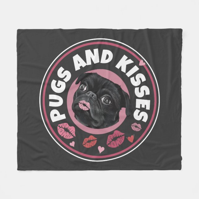 Pugs And Kisses | Cute Pun | Pug Lovers Fleece Blanket (Front (Horizontal))