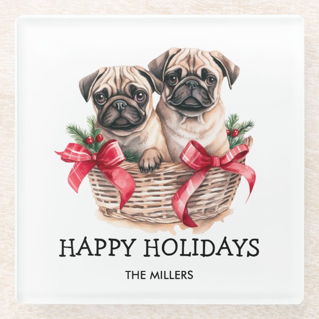 PUGS AND KISSES DOG-THEMED CHRISTMAS CUSTOM GLASS COASTER (Front)
