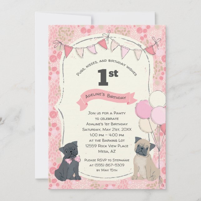 Pugs and Kisses Puppy Dog Photo Birthday Invitation (Front)