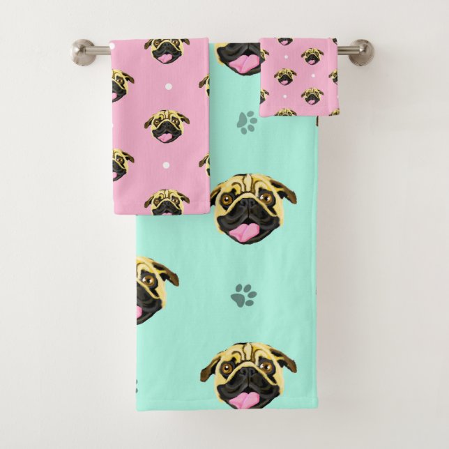Pugs Baby Pink And Mint Bath Towel Set (Insitu)
