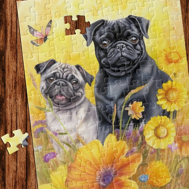 Pugs Fawn Black Yellow Wildflowers Puppy Dog Lover Jigsaw Puzzle (Creator Uploaded)