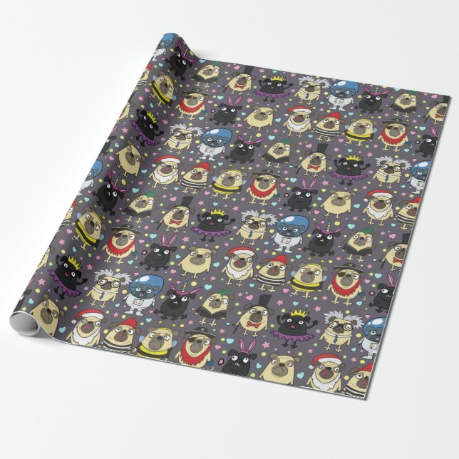 Pugs In Costumes Wrapping Paper (Unrolled)