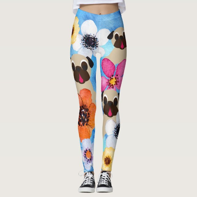 Pugs In Flower Garden Leggings (Front)