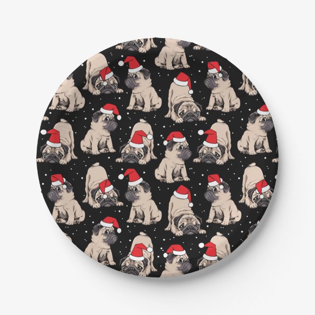 Pugs in Santa Hats Christmas Pattern Paper Plate (Front)