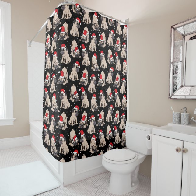 Pugs in Santa Hats Christmas Pattern Shower Curtain (In Situ)