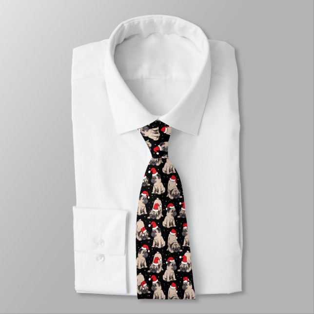 Pugs in Santa Hats Christmas Pattern Tie (Tied)