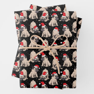 Pugs in Santa Hats Christmas Pattern Wrapping Paper Sheet