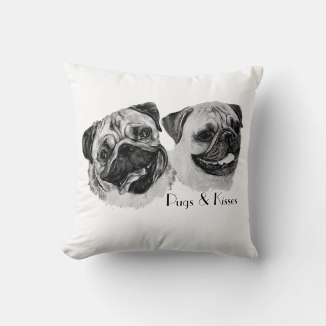 "Pugs & Kisses" Throw pillow. Cushion (Front)