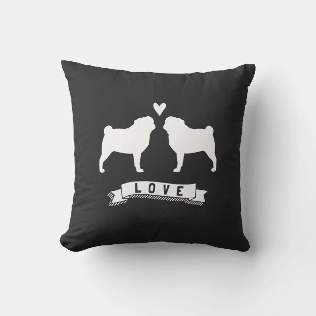 Pugs Love - Dog Silhouettes with Heart Cushion (Front)