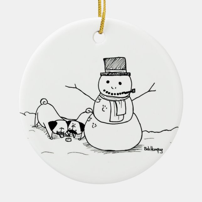 Pugs Love Snowmen Ceramic Tree Decoration (Front)