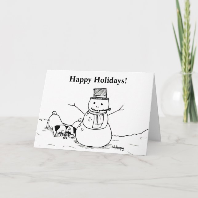Pugs Love Snowmen Holiday Card (Front)