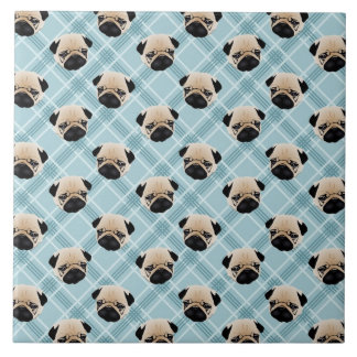Pugs on Blue Plaid Tile