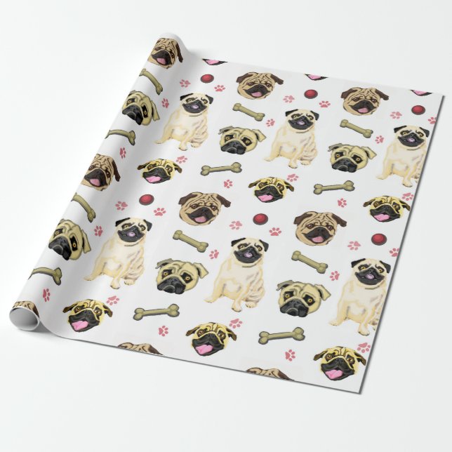 Pugs White Gift Wrap (Unrolled)