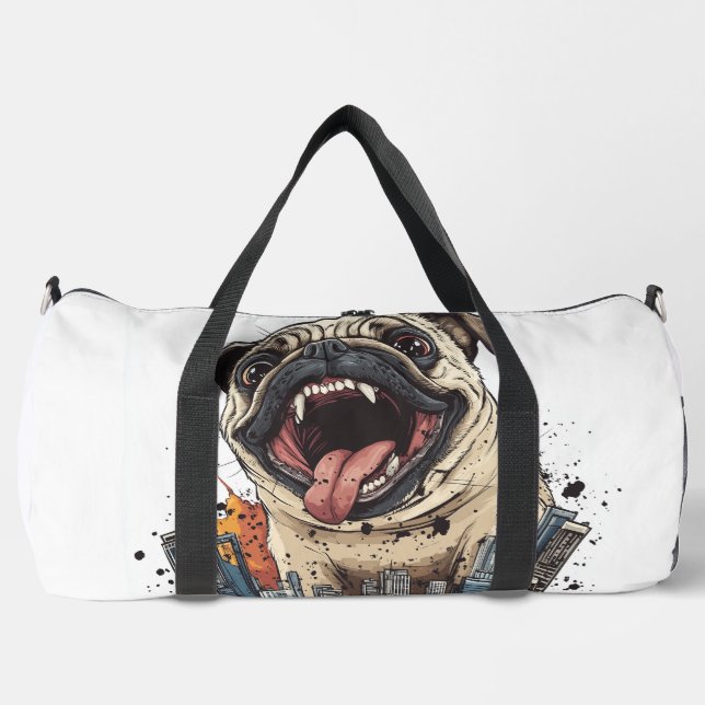 Pugzilla Attacks � Funny Monster Dog Duffle Bag (Front)