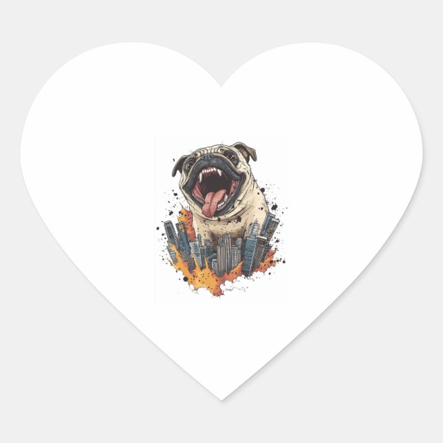 Pugzilla Attacks – Funny Monster Dog Heart Sticker (Front)