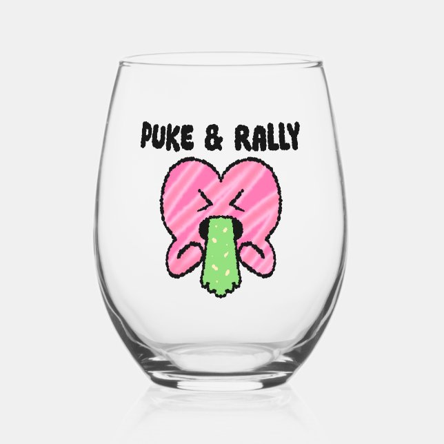 Puke & Rally Stemless Wine Glass – Pink Heart (Front)