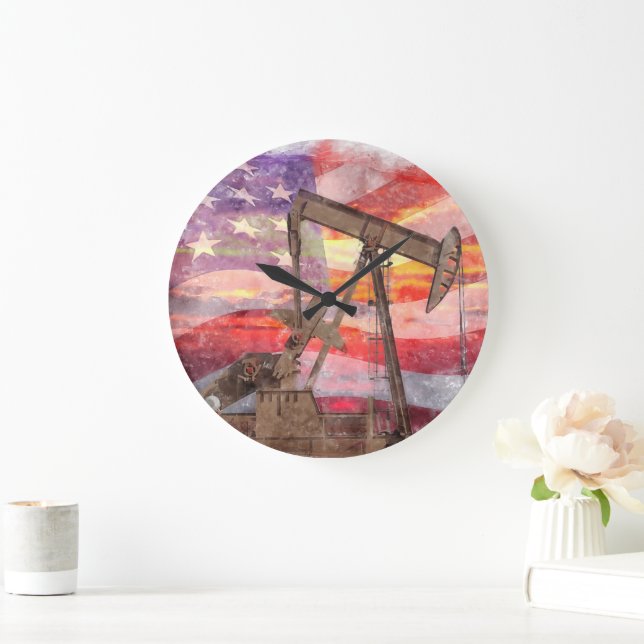 Pumpjack silhouette pastel drawing American Flag Large Clock (Home)