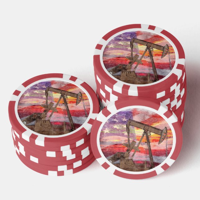 Pumpjack silhouette pastel drawing American Flag Poker Chips (Stack)