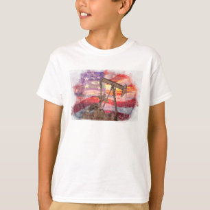 Pumpjack silhouette pastel drawing American Flag T-Shirt