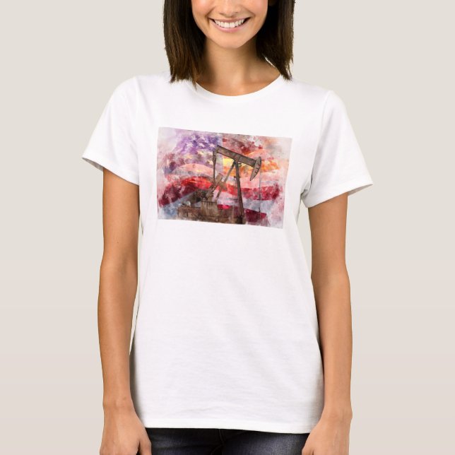 Pumpjack silhouette watercolor with American Flag T-Shirt (Front)
