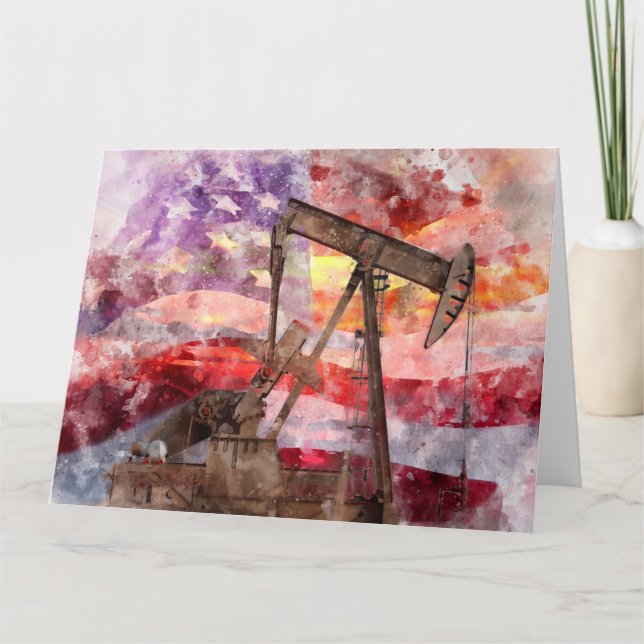 Pumpjack silhouette watercolor with American Flag Thank You Card (Front)
