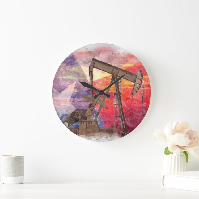 Pumpjack Texan icon pastel drawing with Texas Flag Large Clock (Home)