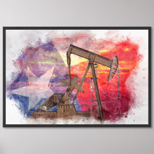 Pumpjack Texan icon pastel drawing with Texas Flag Photo Print