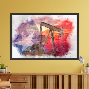 Pumpjack Texan icon pastel drawing with Texas Flag Poster