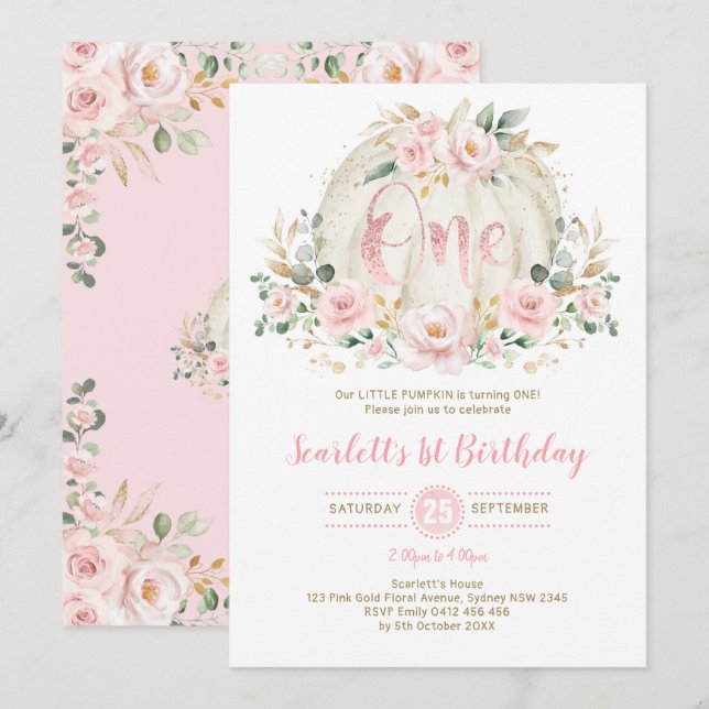 Pumpkin 1st Birthday Blush Pink floral Rose Gold Invitation (Front/Back)