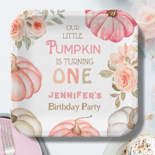 Pumpkin 1st Birthday Bold Pink Girl Floral  Paper Plate