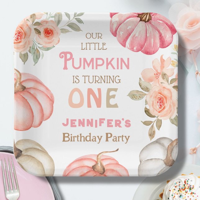 Pumpkin 1st Birthday Bold Pink Girl Floral  Paper Plate (Creator Uploaded)