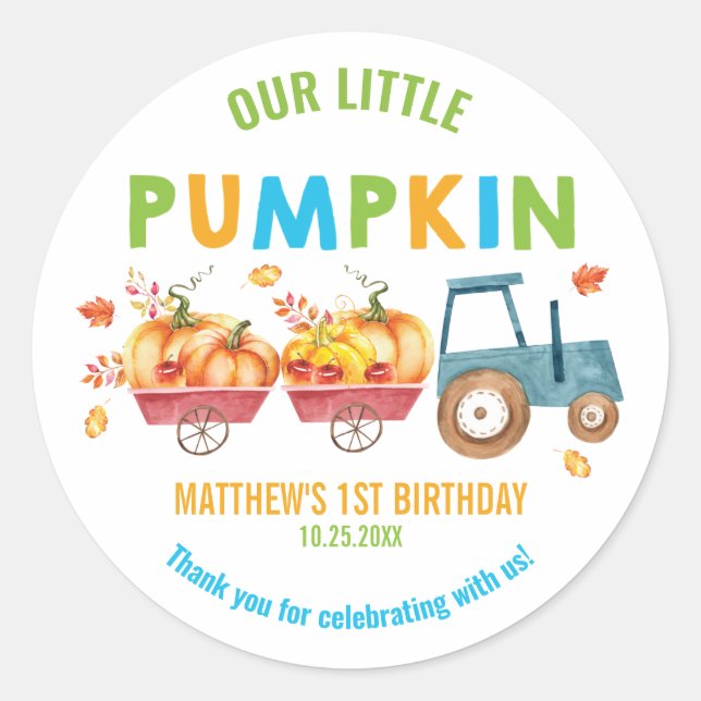 Pumpkin 1st Birthday Harvest Truck Favour Thank Yo Classic Round Sticker (Front)