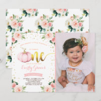 Pumpkin 1st Birthday Invitation Blush Pink Gold