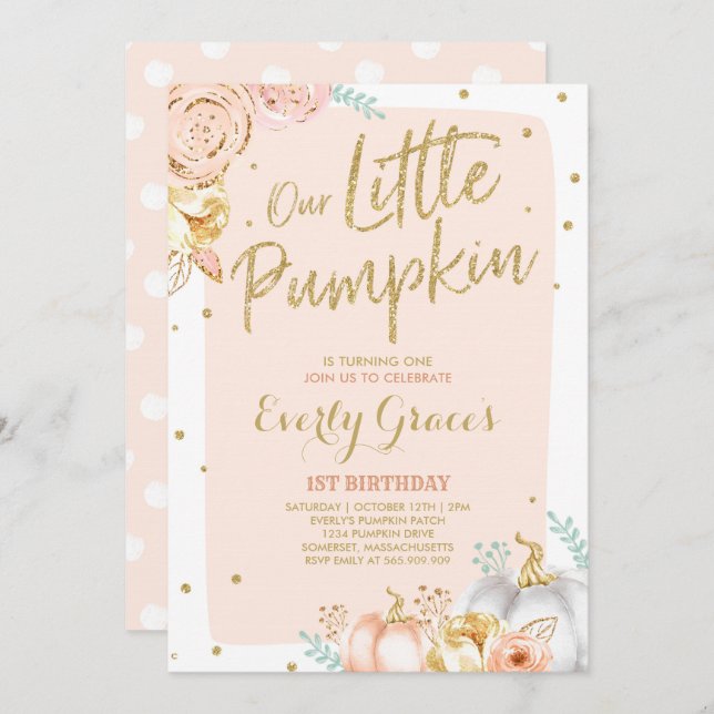 Pumpkin 1st Birthday Invitation Blush Pink Gold (Front/Back)