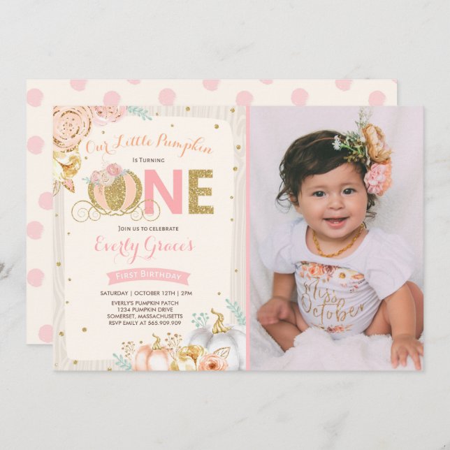 Pumpkin 1st Birthday Invitation Rustic Pink Gold (Front/Back)