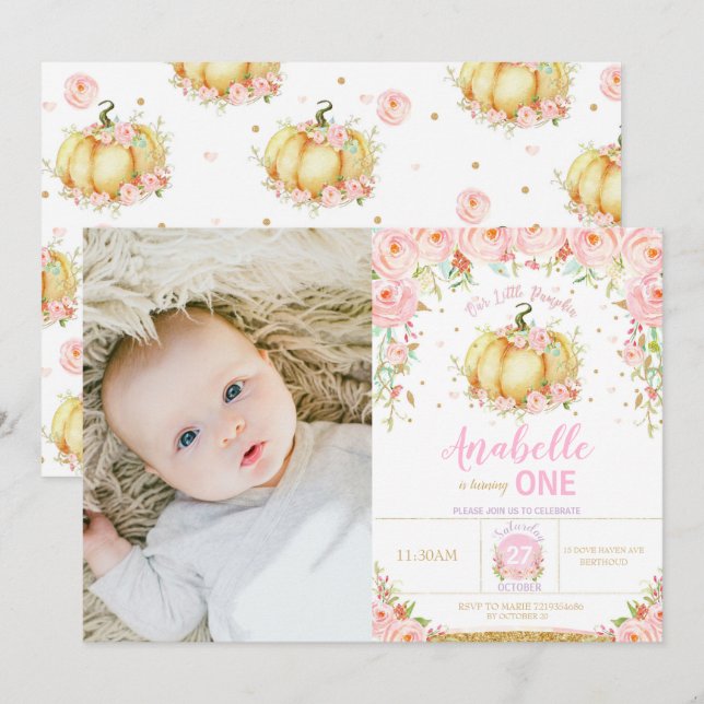 Pumpkin 1st Birthday Little Pumpkin Party Photo Invitation (Front/Back)