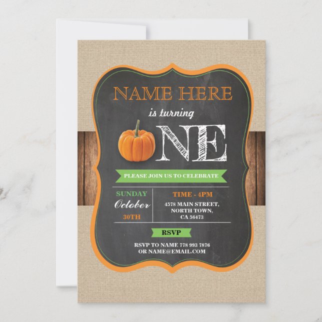 Pumpkin 1st First One Birthday Party Chalk Invite (Front)