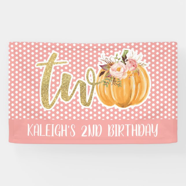 Pumpkin 2nd Birthday Banner - Girl Pink Dots (Horizontal)