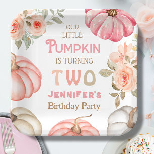 Pumpkin 2nd Birthday Bold Pink Girl Floral Paper Plate