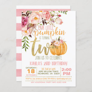 Pumpkin 2ND Birthday Invitation - Floral Stripes
