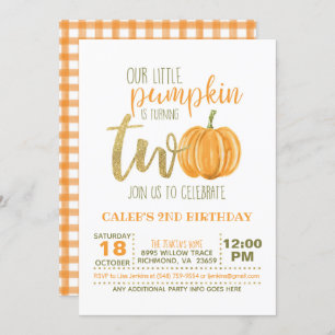 Pumpkin 2ND Birthday Invitation - Orange Plaid