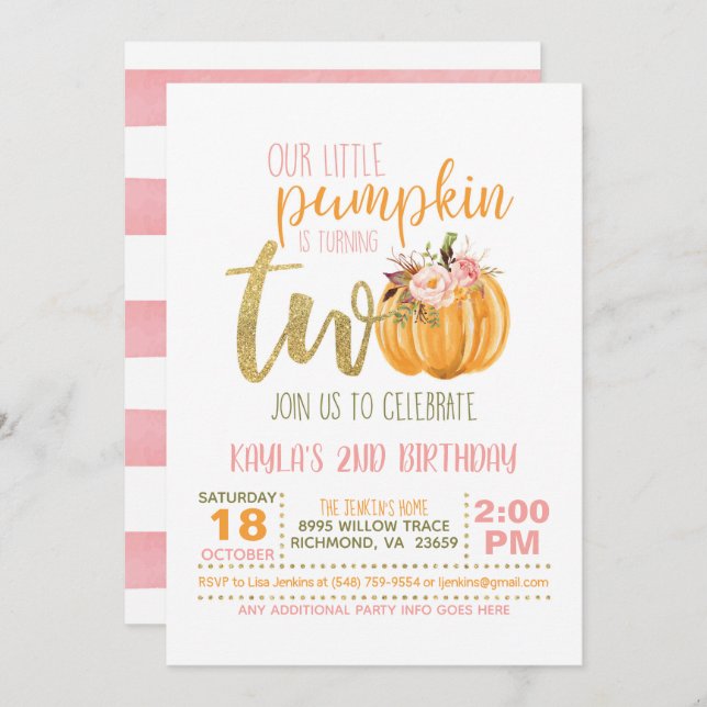 Pumpkin 2nd Birthday Invitation - Pink Stripes (Front/Back)