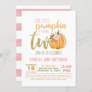 Pumpkin 2nd Birthday Invitation - Pink Stripes
