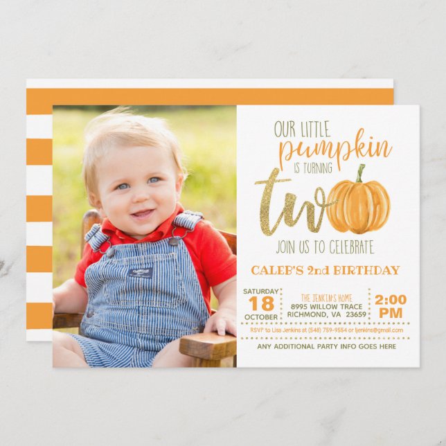 Pumpkin 2nd Birthday Invitation w/Photo (Front/Back)