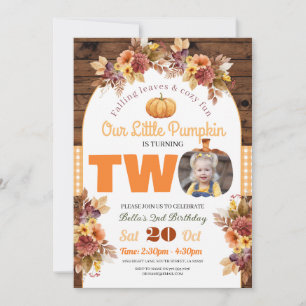 Pumpkin 2nd Birthday Little Photo Two Autumn Fall Invitation