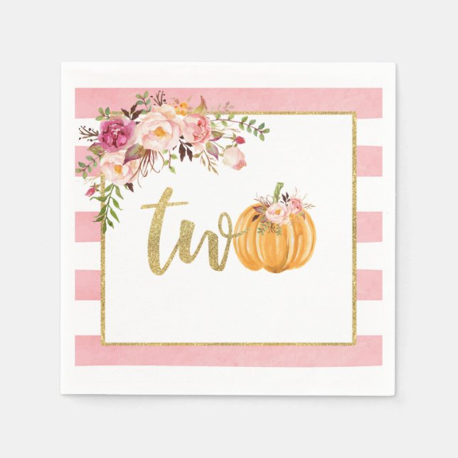 Pumpkin 2nd Birthday Napkin - Floral Pink Stripes (Front)